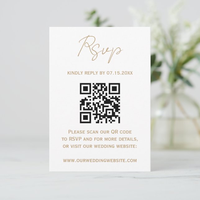 Gold Romantic Calligraphy Wedding QR Code RSVP  Card (Standing Front)