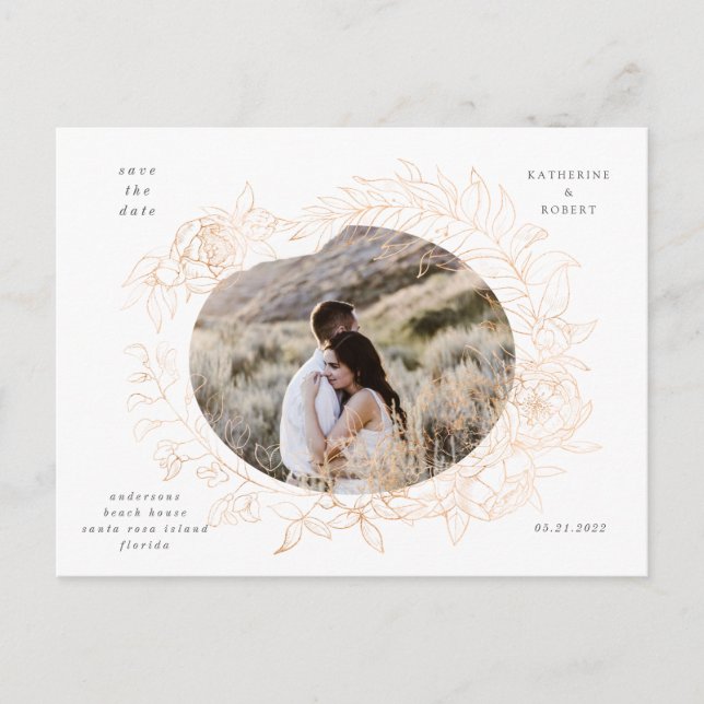 gold romantic floral save the date post postcard (Front)