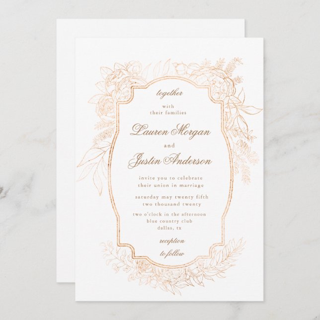 gold romantic floral traditional Wedding Invitatio Invitation (Front/Back)
