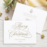 Gold Romantic Merry Christmas Script Flat Holiday Card<br><div class="desc">This simple Christmas flat card features elegant and romantic swirly calligraphy lettering with a winter holly berry bouquet and custom text on the back. For more advanced customisation of this design,  please click the BLUE DESIGN TOOL BUTTON above!</div>