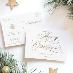 Gold Romantic Merry Christmas Script Holiday Postcard