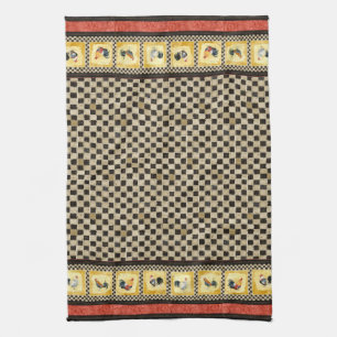 Gold Roosters Red & Tan Check Swirl Kitchen Tea Towel