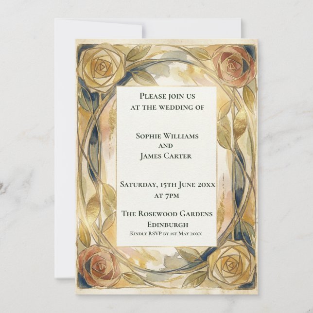 Gold Rose Art Nouveau Wedding Invitation (Front)