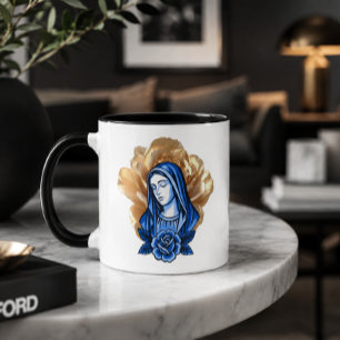 Gold Rose Blue Mother Mary Catholic Christian Gift Mug