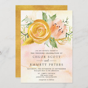 Gold Rose Blush Pink Peony Floral Wedding Invitation
