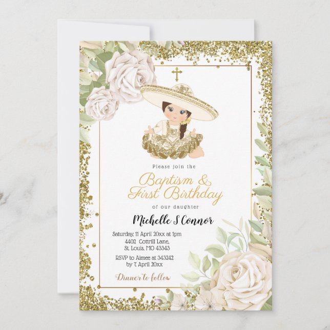 Gold Rose Charra Girl Birthday and Baptism  Invitation (Front)