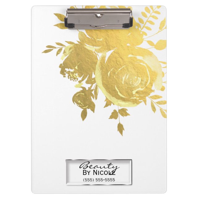 Gold Rose Faux Foil Elegant Floral Personalised Clipboard (Front)