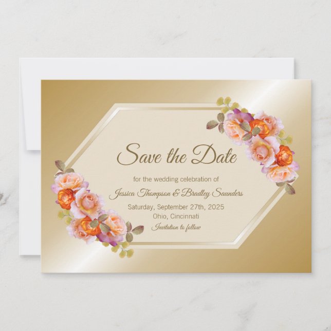 Gold Rose Floral Wedding Save The Date (Front)