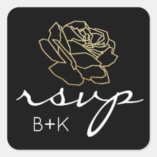 gold rose flower on black r.s.v.p. / rsvp wedding square sticker
