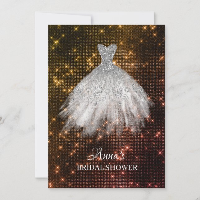*~* Gold Rose Glitter Bridal Dress Gown Shower Invitation (Front)