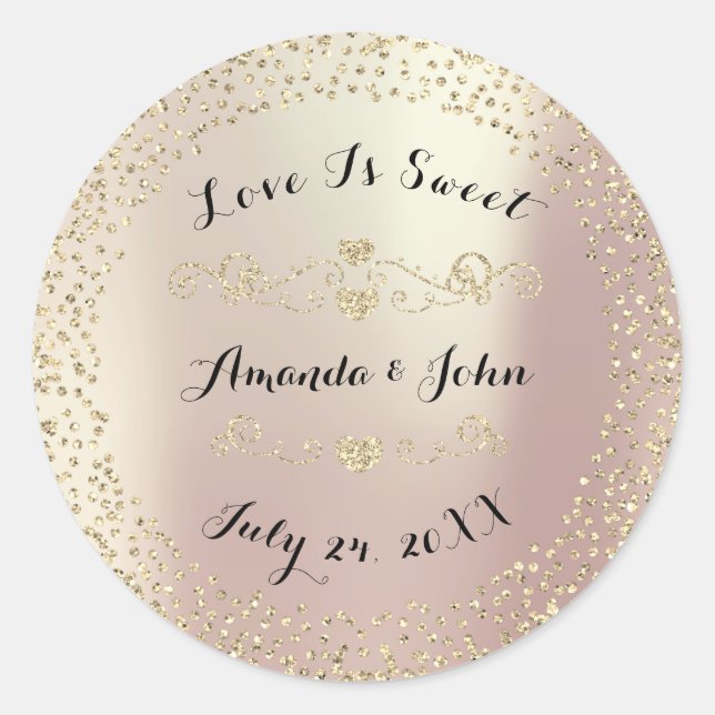 Gold Rose Glitter Save the Date Love is Sweet Classic Round Sticker (Front)