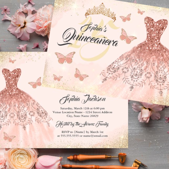Gold Rose Gold Quinceanera Butterfly Dress  Invitation (Creator Uploaded)