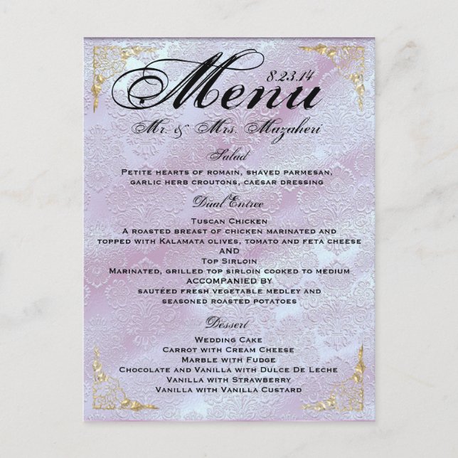 Gold Rose lavender Wedding Dinner Menu Thank you Postcard (Front)
