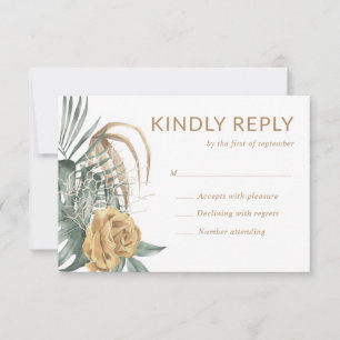 Gold Rose Monstera Palm Tropical Oasis Wedding RSVP Card