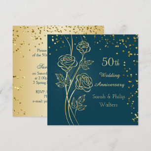 Gold rose on blue green, confetti 50th Anniversary Invitation