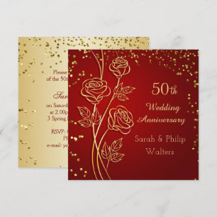 Gold rose on red, confetti 50th Anniversary Invitation