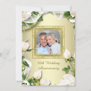 Gold Rose Photo 50th Wedding Anniversary Party Invitation