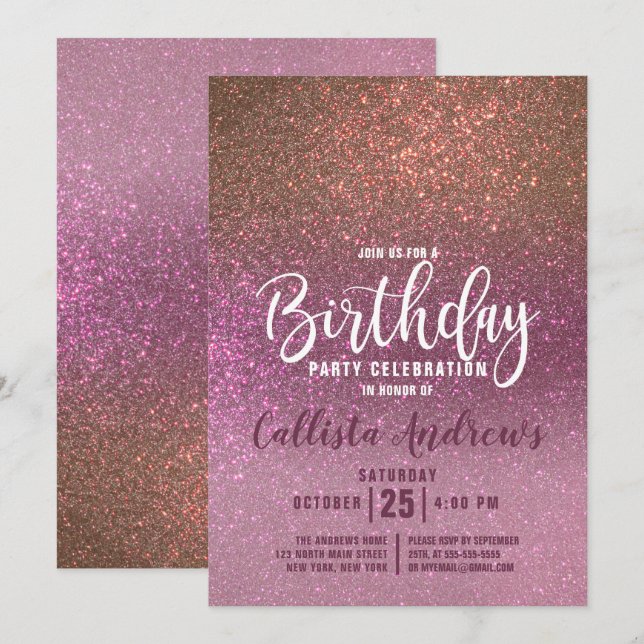 Gold Rose Pink Triple Glitter Ombre Birthday Invitation (Front/Back)