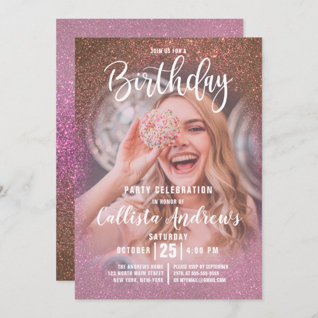 Gold Rose Pink Triple Glitter Ombre Photo Birthday Invitation (Front/Back)