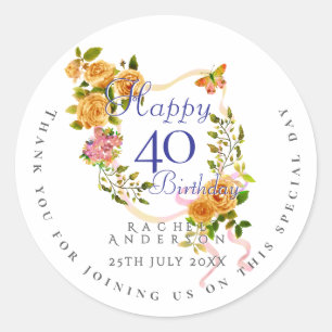 Gold Rose Ribbon 40th Birthday Classic Round Sticker