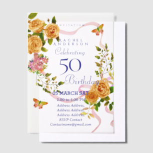 Gold Rose Ribbon 50th  Birthday Invitation