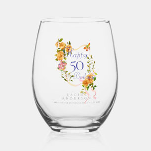 Gold Rose Ribbon 50th Birthday Stemless Wine Glass