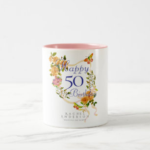 Gold Rose Ribbon 50th Birthday Two-Tone Coffee Mug