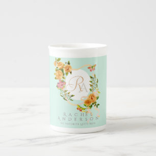 Gold Rose Ribbon Chic Monogram Green Bone China Mug