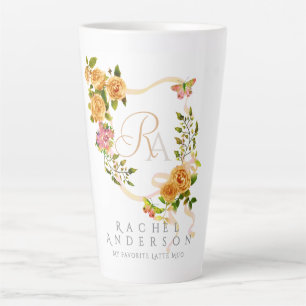 Gold Rose Ribbon Chic Monogram White Latte Mug