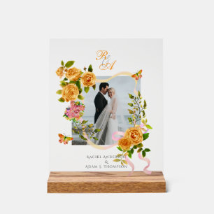 Gold Rose Ribbon Monogram Photo Wedding  Acrylic Sign