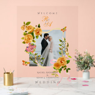 Gold Rose Ribbon Monogram Photo Wedding Acrylic Sign