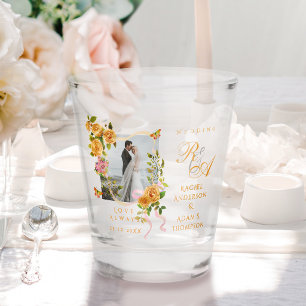 Gold Rose Ribbon Monogram Photo Wedding  Shot Glass