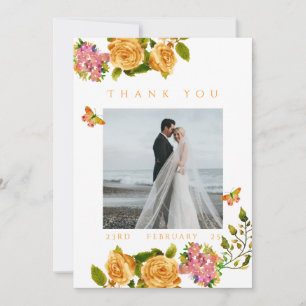 Gold Rose Ribbon Monogram Photo Wedding Thank You Card