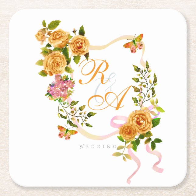 Gold Rose Ribbon Monogram  Square Paper Coaster (Front)