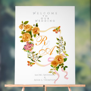 Gold Rose Ribbon Monogram Wedding Acrylic Sign