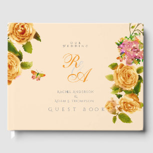 Gold Rose Ribbon Monogram Wedding Guest Book