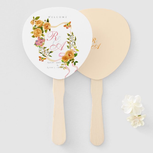 Gold Rose Ribbon Monogram Wedding  Hand Fan (Front and Back)
