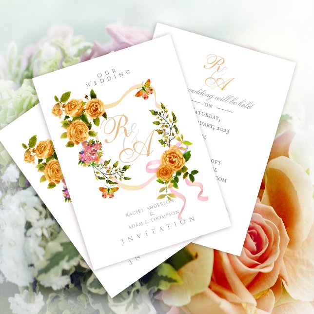 Gold Rose Ribbon Monogram Wedding Invitation (Elegant Gold Rose Ribbon Monogram Invitation Card.)