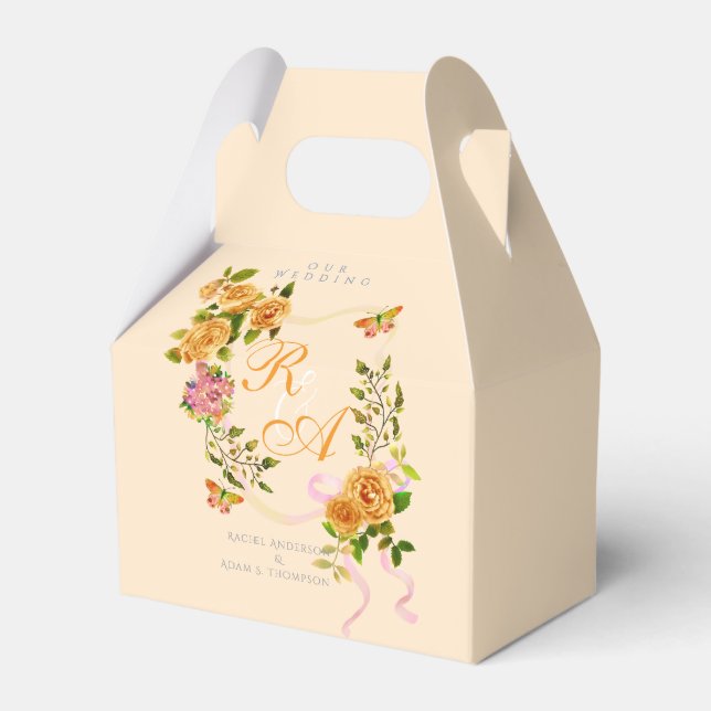 Gold Rose Ribbon Monogram Wedding Invitation Favour Box (Front Side)
