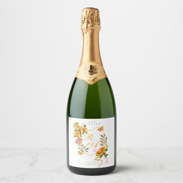 Gold Rose Ribbon Monogram Wedding  Sparkling Wine Label (Front)