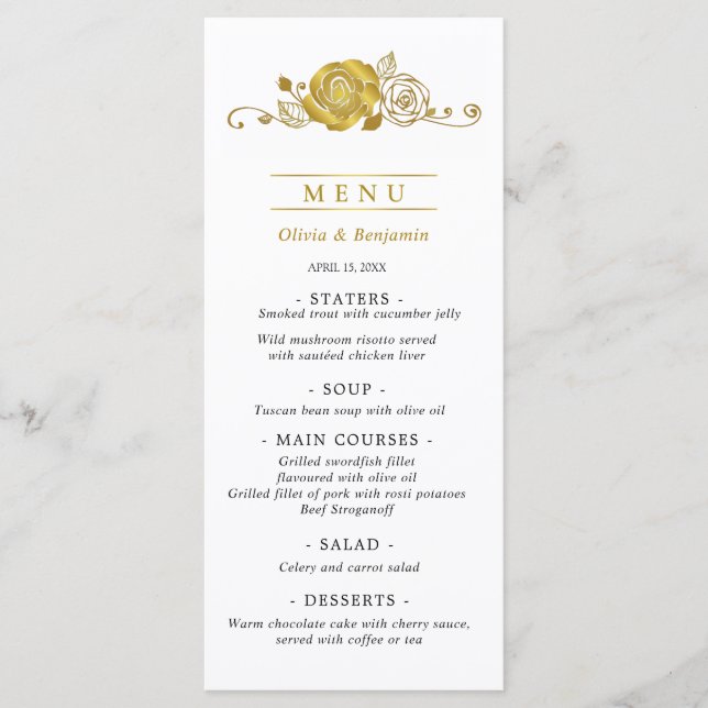 Gold Rose Swirls Leaves Wedding Menu (Front)