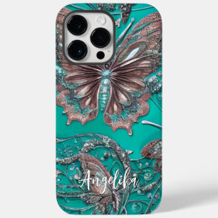 Gold Rose Teal Butterfly Personalised Name Case-Mate iPhone 14 Pro Max Case