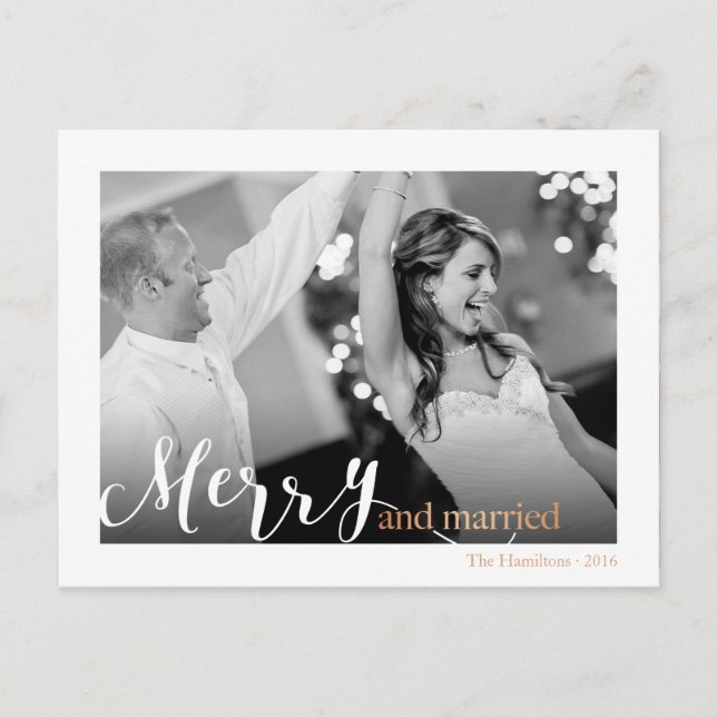 Gold Rose Typography "merry and married" photo Holiday Postcard (Front)