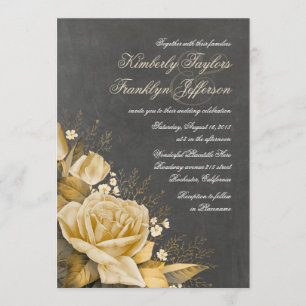Gold Rose Vintage Chalkboard Floral Fall Wedding Invitation