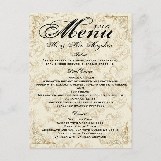 Gold Rose Wedding Dinner Menu Thank you Note Postcard (Front)