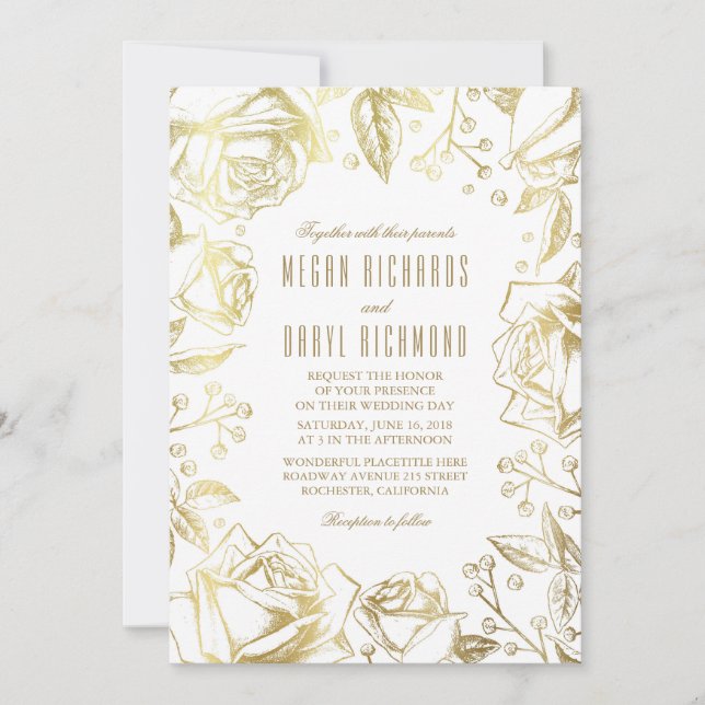 Gold Roses and Baby's Breath Wedding Invitation (Front)
