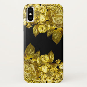 Gold roses and black marble iPhone x case