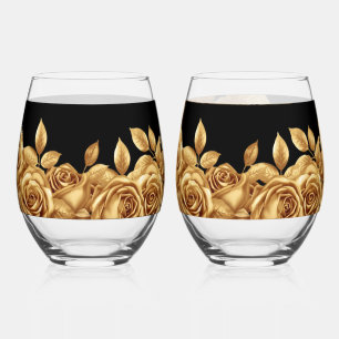 Gold Roses Custom Background Wedding/Party Stemless Wine Glass