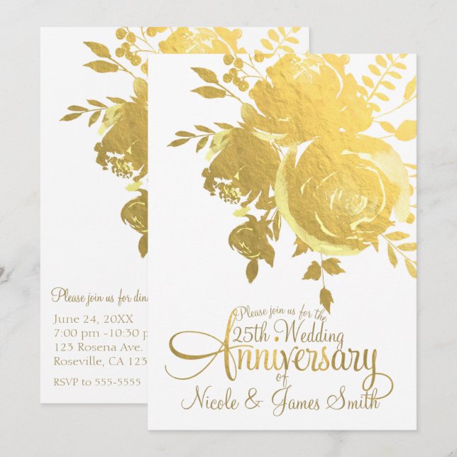 Gold Roses Faux Foil Elegant Floral Anniversary Invitation (Front/Back)