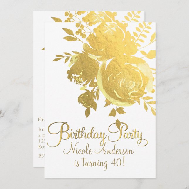 Gold Roses Faux Foil Elegant Floral Birthday Party Invitation (Front/Back)